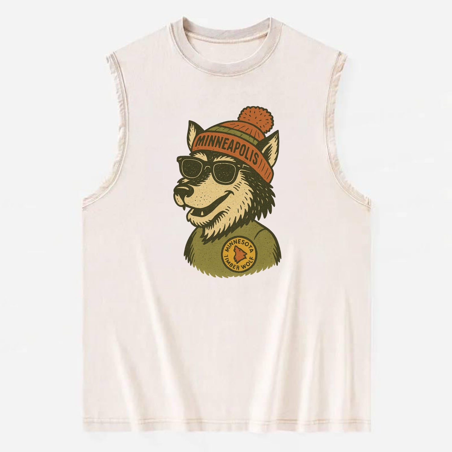 Minnesota Timber Wolf wearing Minneapolis beanie with pom pom and wayfarer - Vintage Washed Tank - Beige