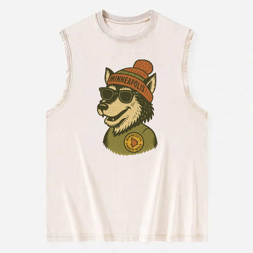 Minnesota Timber Wolf wearing Minneapolis beanie with pom pom and wayfarer - Vintage Washed Tank
