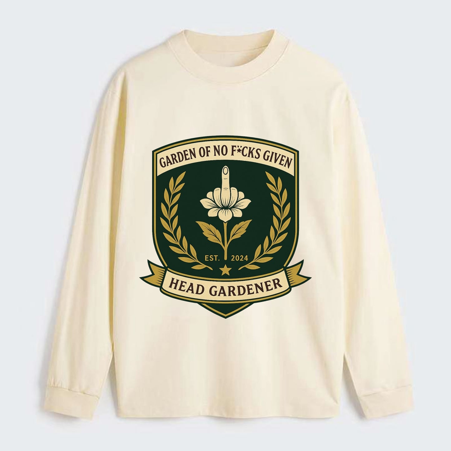 Shield with middle finger flower - "Garden of No F*cks Given - Head - Classic Long Sleeve Shirt - Beige