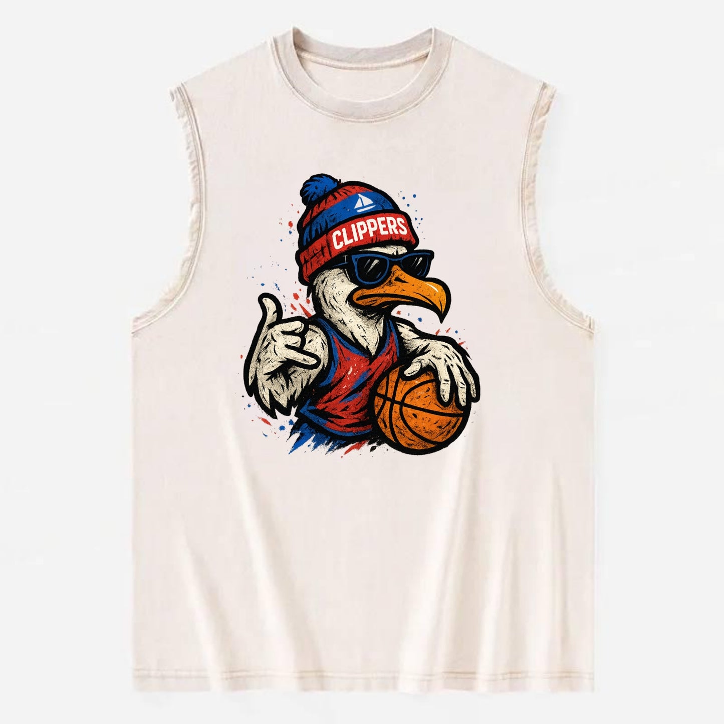 LA Seagull wearing Clippers red white and blue beanie with ship patch and - Vintage Washed Tank - Beige