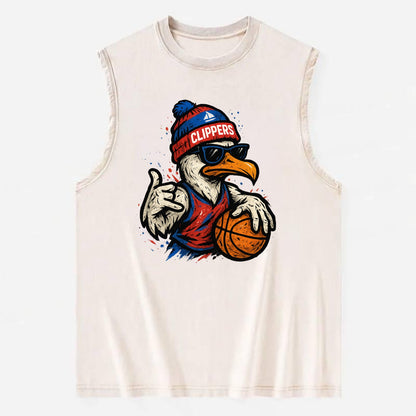 LA Seagull wearing Clippers red white and blue beanie with ship patch and - Vintage Washed Tank - Beige
