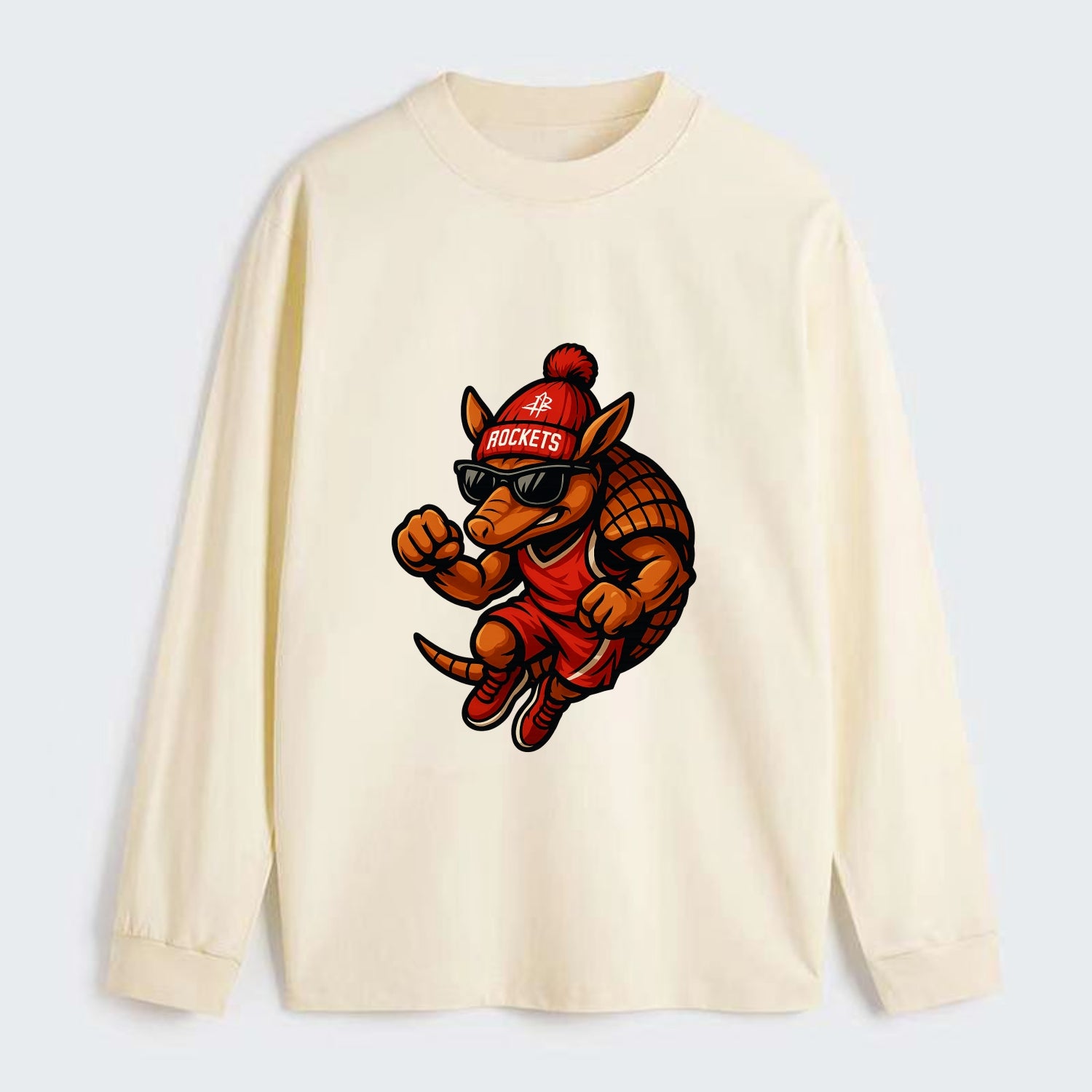 Houston Armadillo wearing Rockets red and silver beanie with rocket - Classic Long Sleeve Shirt - Beige