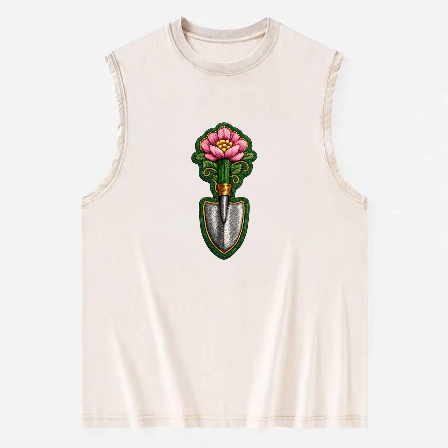 Embroidered patch design - GARDENING TROWEL FLOWER - garden tool with - Vintage Washed Tank - Beige