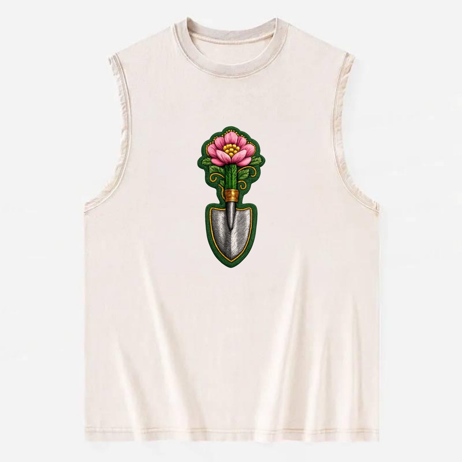 Embroidered patch design - GARDENING TROWEL FLOWER - garden tool with - Vintage Washed Tank - Beige
