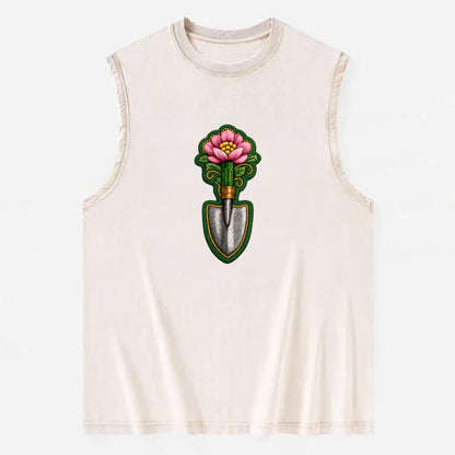 Embroidered patch design - GARDENING TROWEL FLOWER - garden tool with - Vintage Washed Tank - Beige