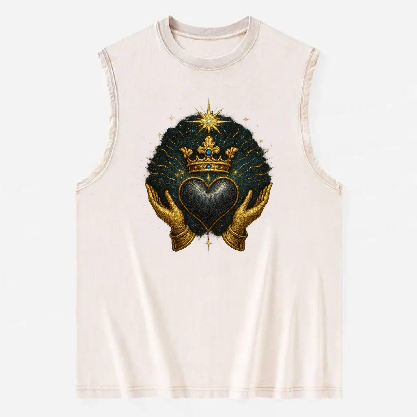 Pearl-studded tiara atop a satin-gunmetal heart supported by elegant - Vintage Washed Tank - Beige