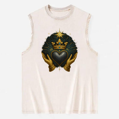 Pearl-studded tiara atop a satin-gunmetal heart supported by elegant - Vintage Washed Tank - Beige