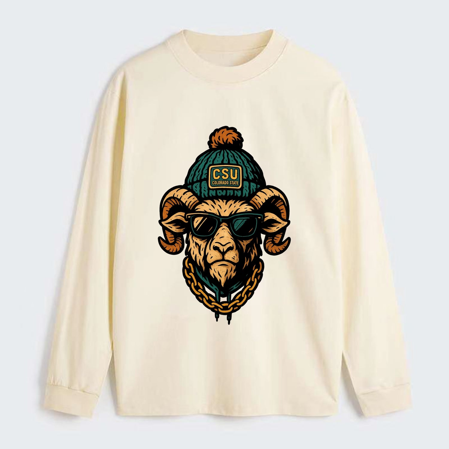 Fort Collins Ram wearing Colorado State beanie with CSU patch - Classic Long Sleeve Shirt - Beige