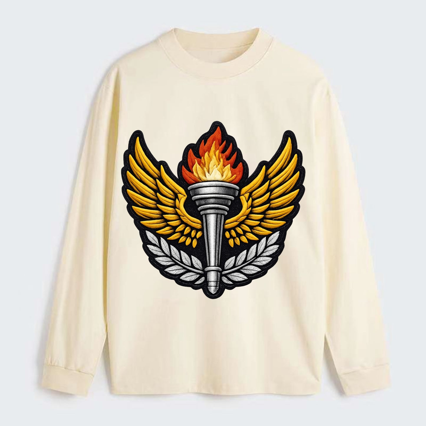 Embroidered patch design - TRACK AND FIELD TORCH - Olympic style torch - Classic Long Sleeve Shirt - Beige