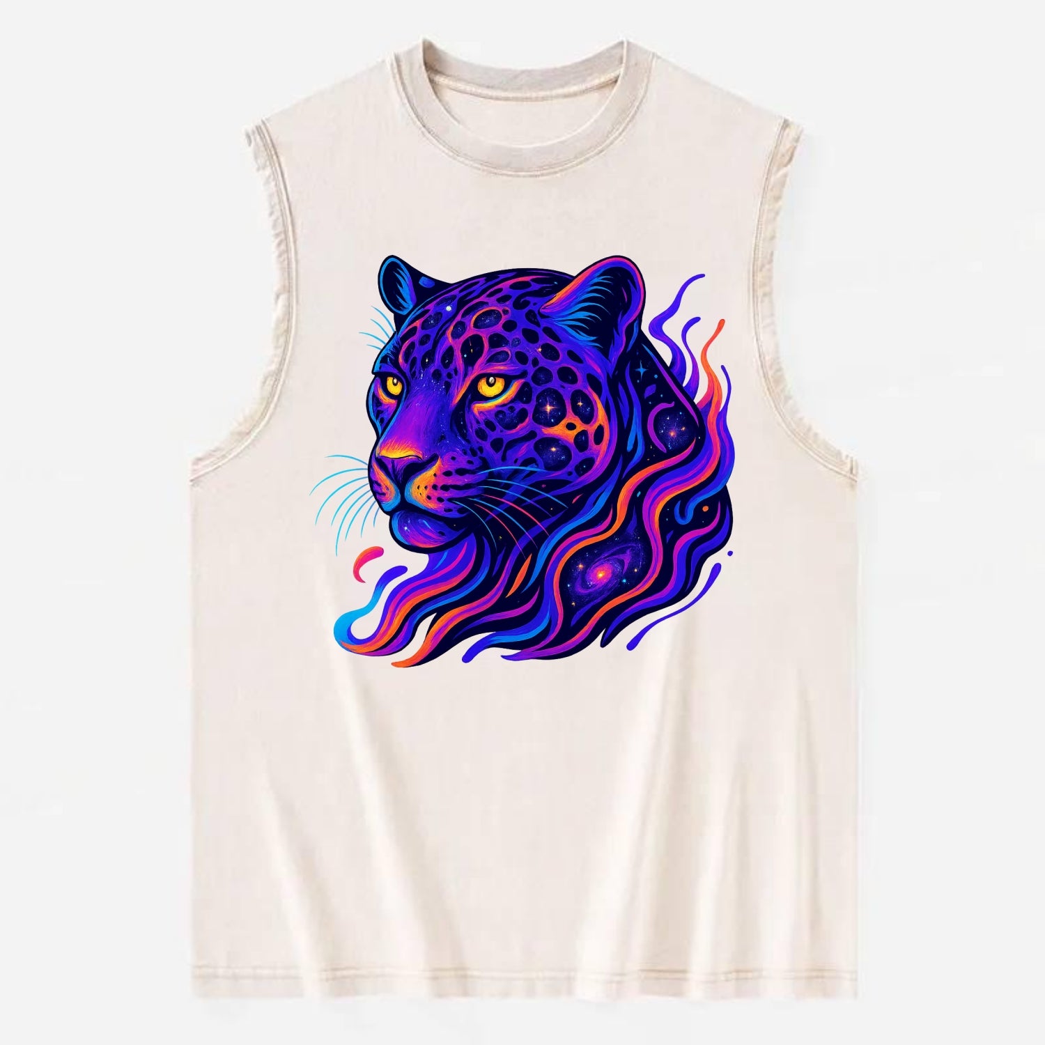 Powerful jaguar with rosettes containing miniature galaxies, cosmic purple - Vintage Washed Tank - Beige