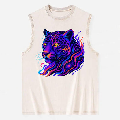 Powerful jaguar with rosettes containing miniature galaxies, cosmic purple - Vintage Washed Tank - Beige