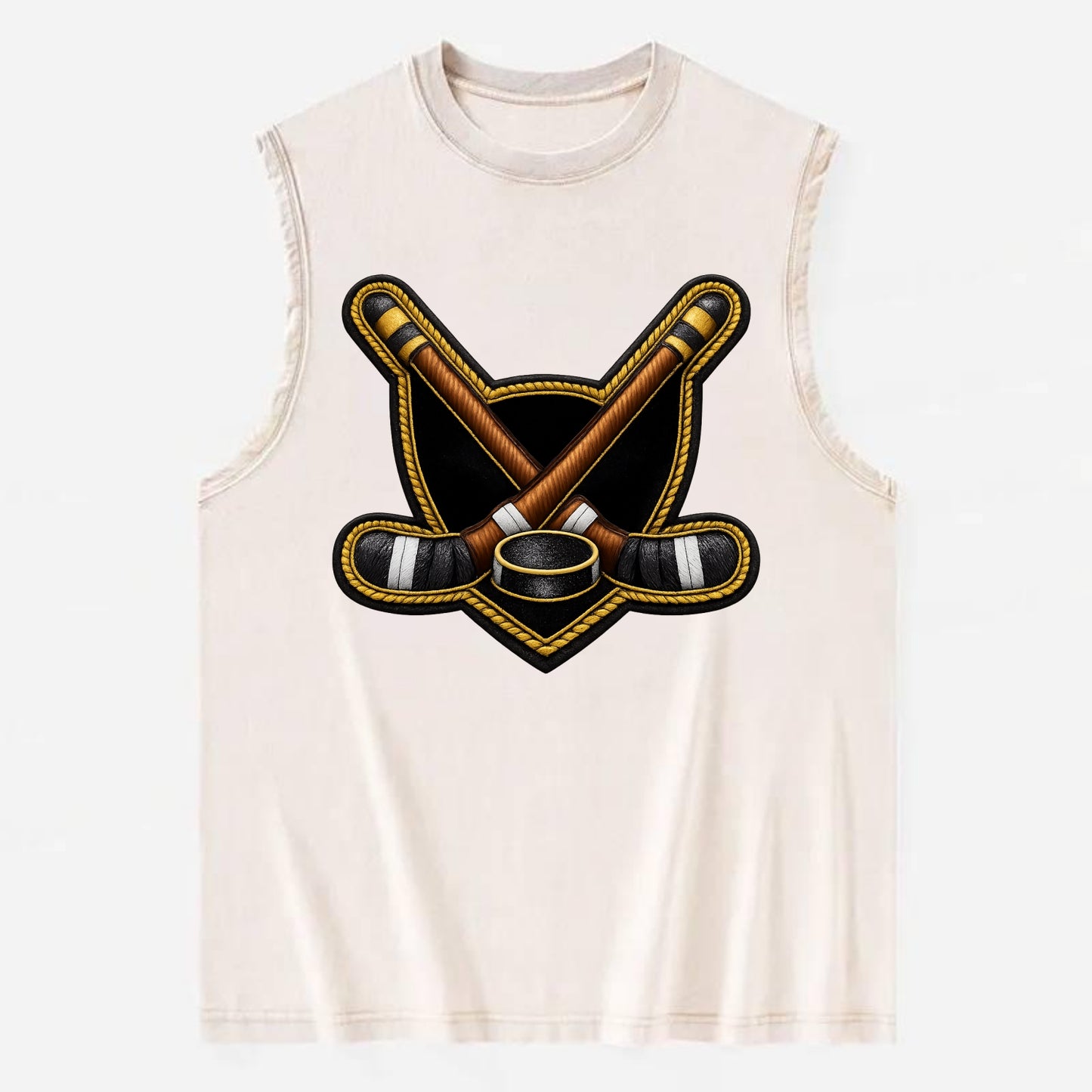 Embroidered patch design - HOCKEY CROSSED STICKS - ice hockey sticks with - Vintage Washed Tank - Beige