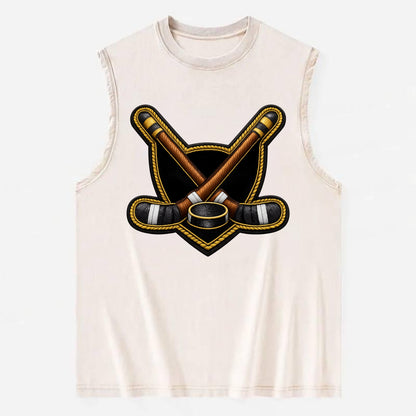 Embroidered patch design - HOCKEY CROSSED STICKS - ice hockey sticks with - Vintage Washed Tank - Beige