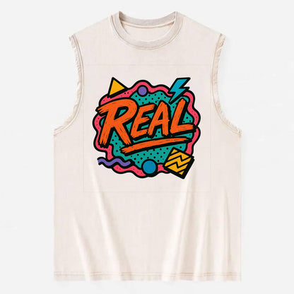 Imperfect brush strokes spelling "Real" - authenticity over perfection, raw - Vintage Washed Tank - Beige