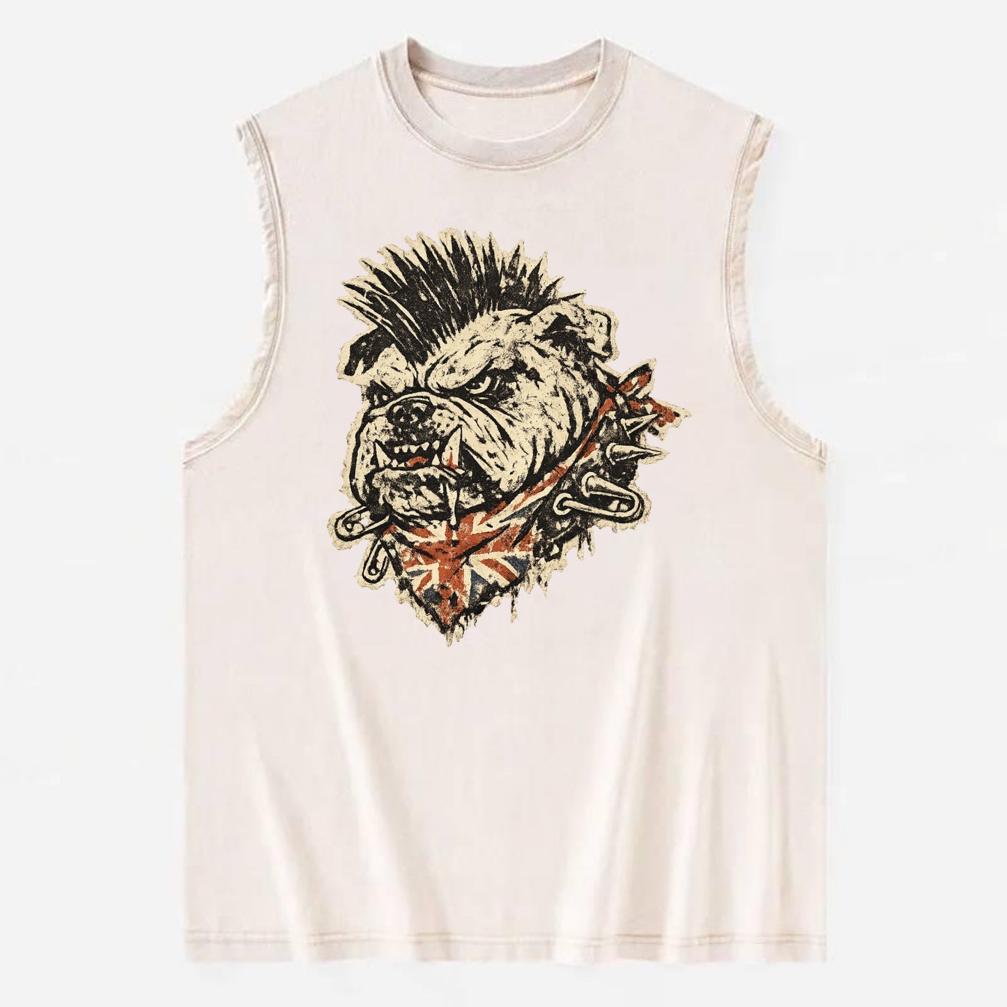 PUNK BULLDOG | British bulldog with mohawk | Safety pins through collar | - Vintage Washed Tank - Beige