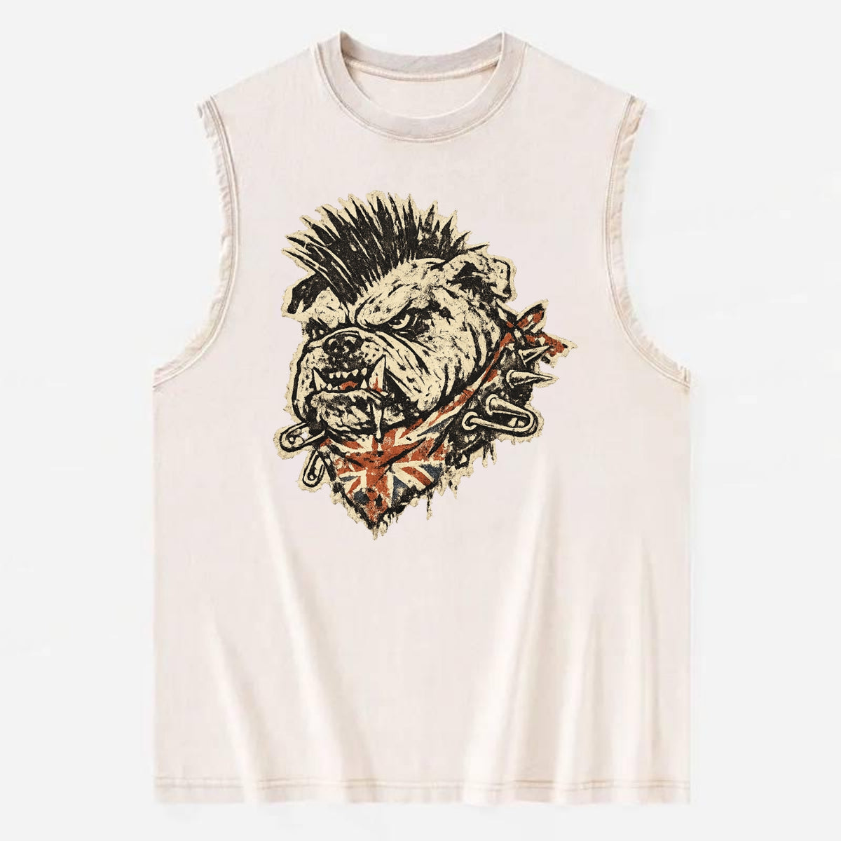 PUNK BULLDOG | British bulldog with mohawk | Safety pins through collar | - Vintage Washed Tank - Beige