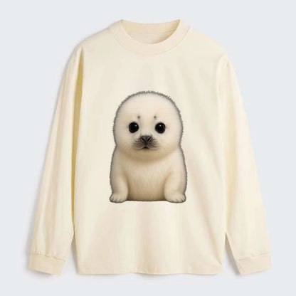 Baby Harp Seal - pure white fluffy fur, enormous dark eyes, - Classic Long Sleeve Shirt - Beige