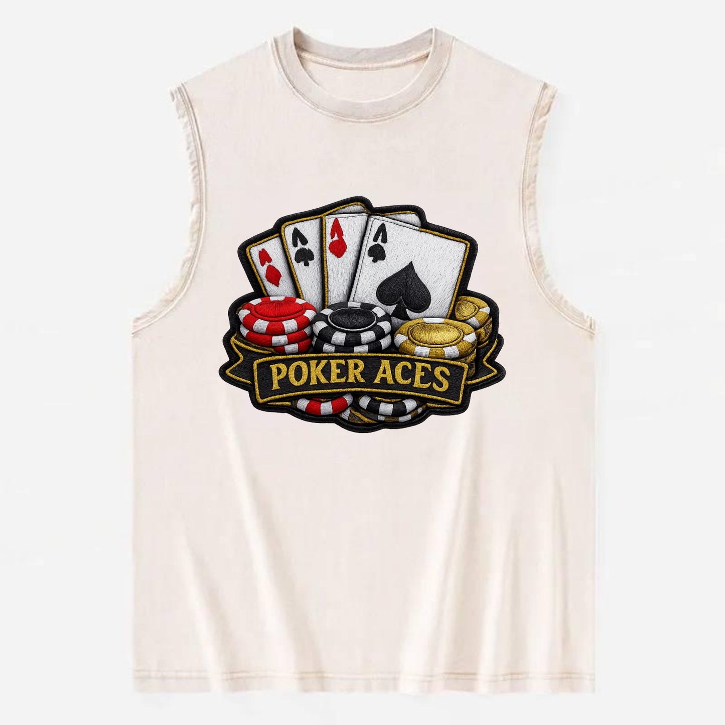 Embroidered patch design - POKER ACES - four aces with chips in red, black - Vintage Washed Tank - Beige