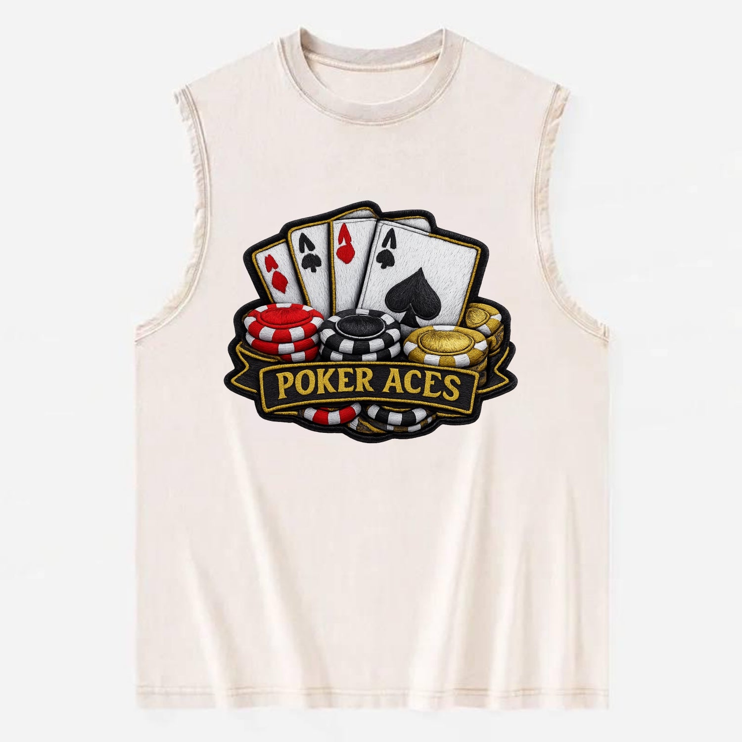 Embroidered patch design - POKER ACES - four aces with chips in red, black - Vintage Washed Tank - Beige