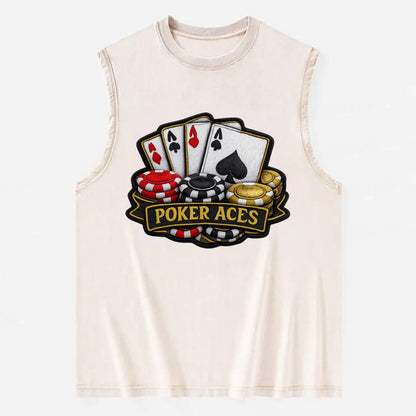 Embroidered patch design - POKER ACES - four aces with chips in red, black - Vintage Washed Tank - Beige