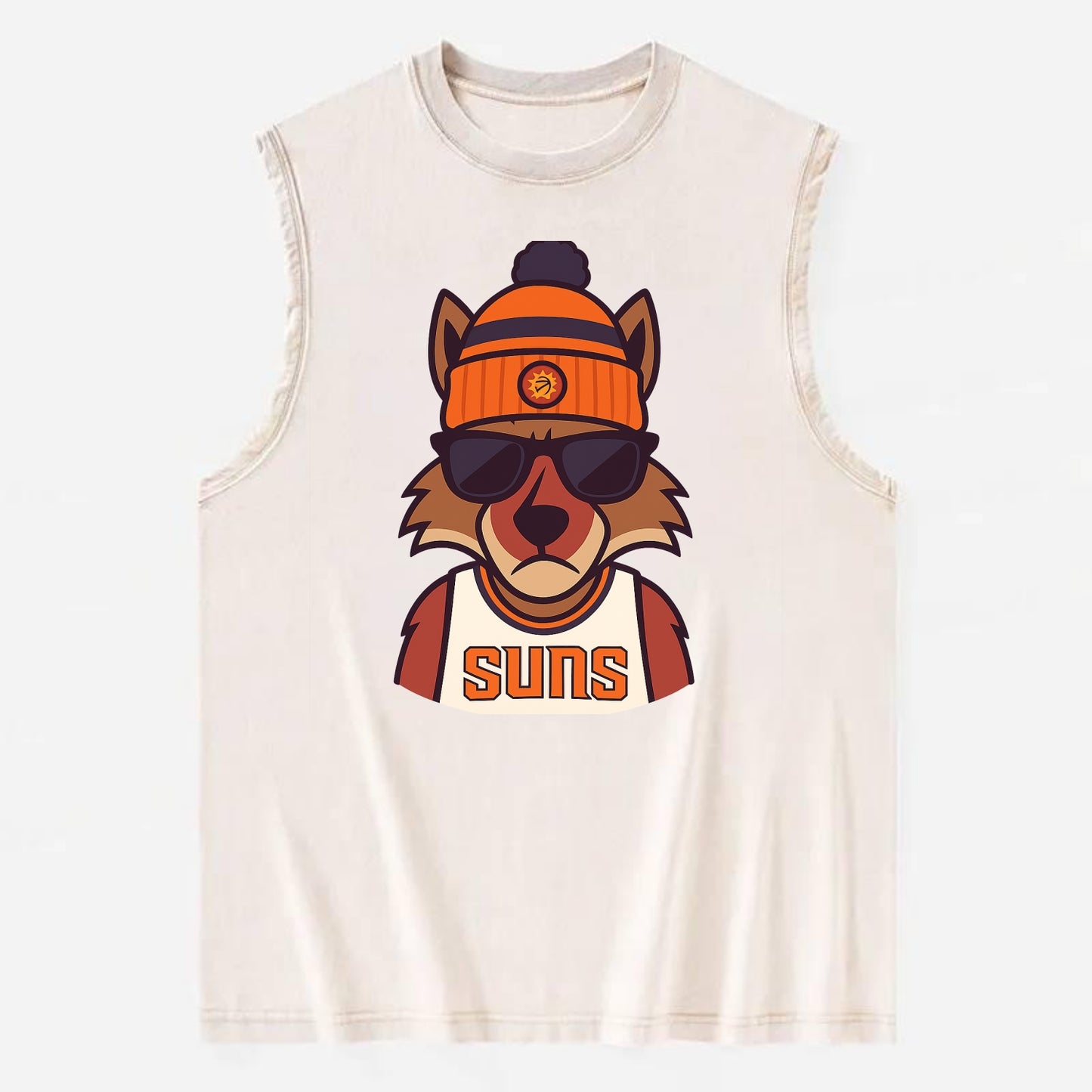 Arizona Coyote wearing Suns beanie with desert sun patch and wayfarer - Vintage Washed Tank - Beige