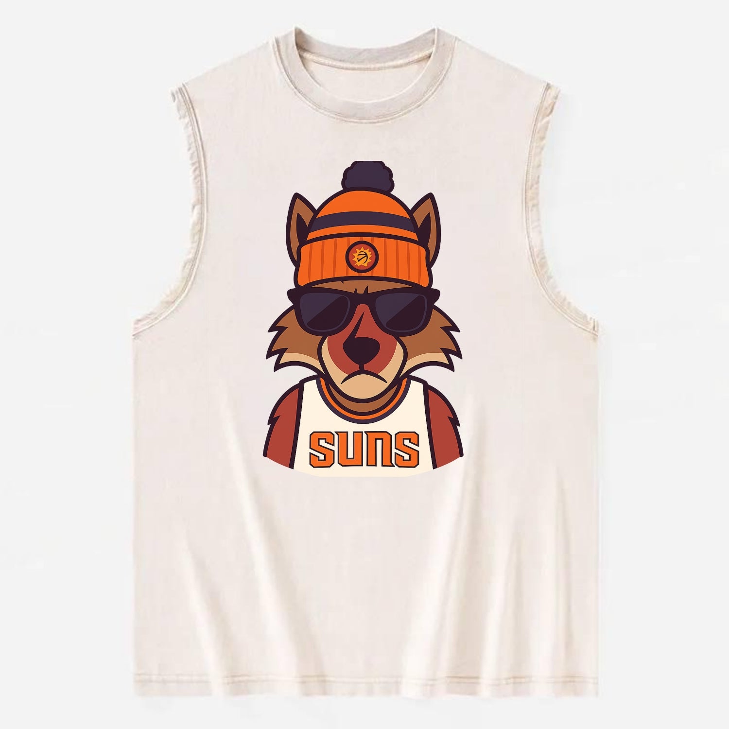Arizona Coyote wearing Suns beanie with desert sun patch and wayfarer - Vintage Washed Tank - Beige