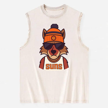 Arizona Coyote wearing Suns beanie with desert sun patch and wayfarer - Vintage Washed Tank - Beige