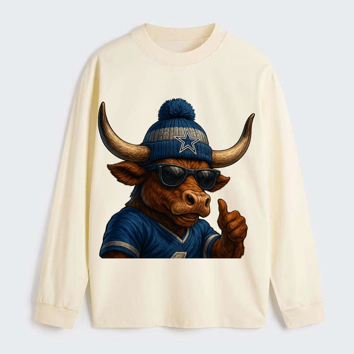 Texas Longhorn wearing Cowboys silver and blue beanie with star and - Classic Long Sleeve Shirt - Beige
