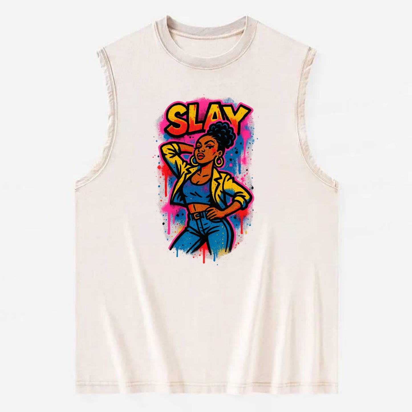Empowered figure striking confident pose - "slay" culture, fierce and - Vintage Washed Tank - Beige