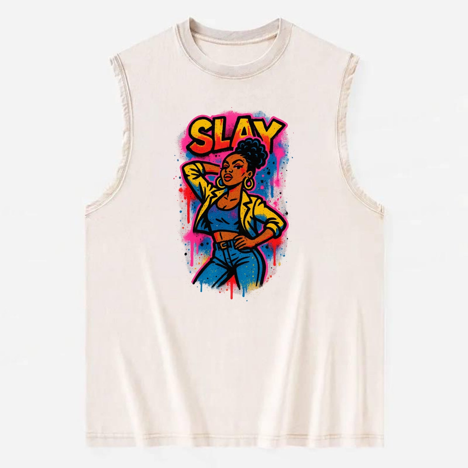 Empowered figure striking confident pose - "slay" culture, fierce and - Vintage Washed Tank - Beige