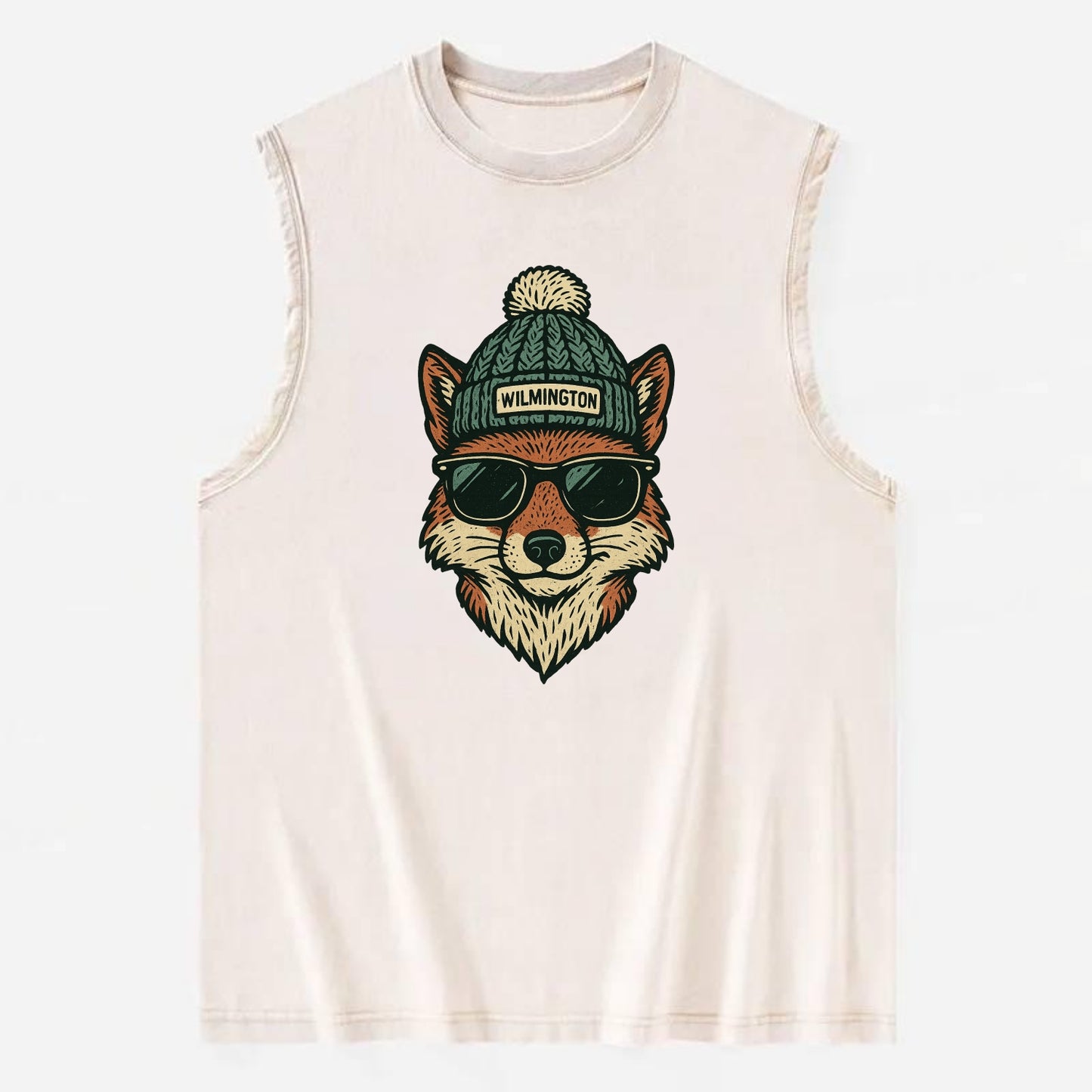 Delaware Gray Fox wearing Wilmington beanie with pom pom and wayfarer - Vintage Washed Tank - Beige