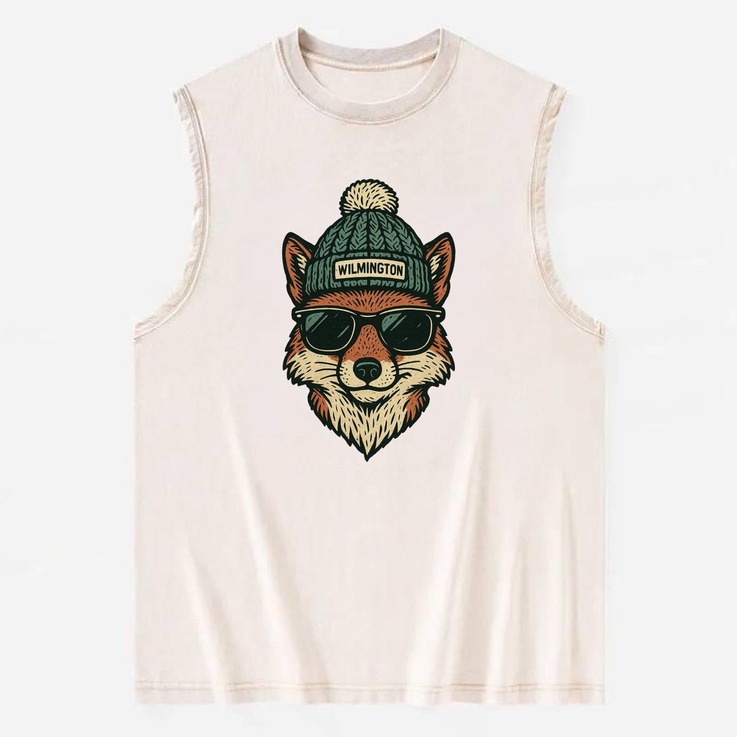 Delaware Gray Fox wearing Wilmington beanie with pom pom and wayfarer - Vintage Washed Tank - Beige