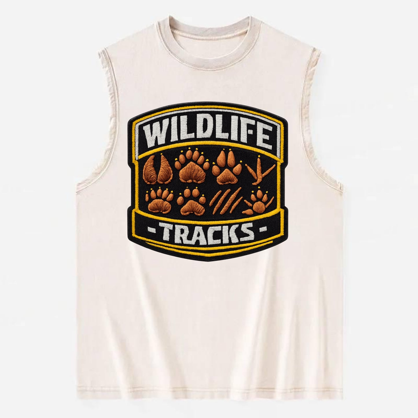 WILDLIFE TRACKS - animal footprints in brown , tracker - Vintage Washed Tank - Beige