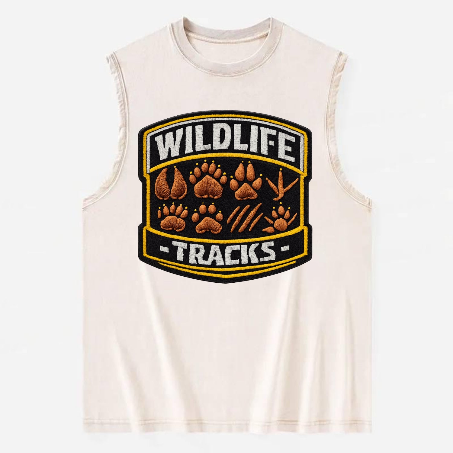 WILDLIFE TRACKS - animal footprints in brown , tracker - Vintage Washed Tank - Beige