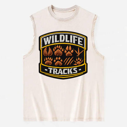 WILDLIFE TRACKS - animal footprints in brown , tracker - Vintage Washed Tank - Beige