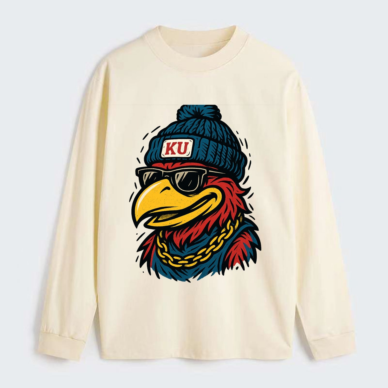 Lawrence Jayhawk wearing Kansas beanie with KU patch - Classic Long Sleeve Shirt - Beige
