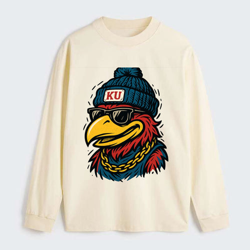 Lawrence Jayhawk wearing Kansas beanie with KU patch - Classic Long Sleeve Shirt