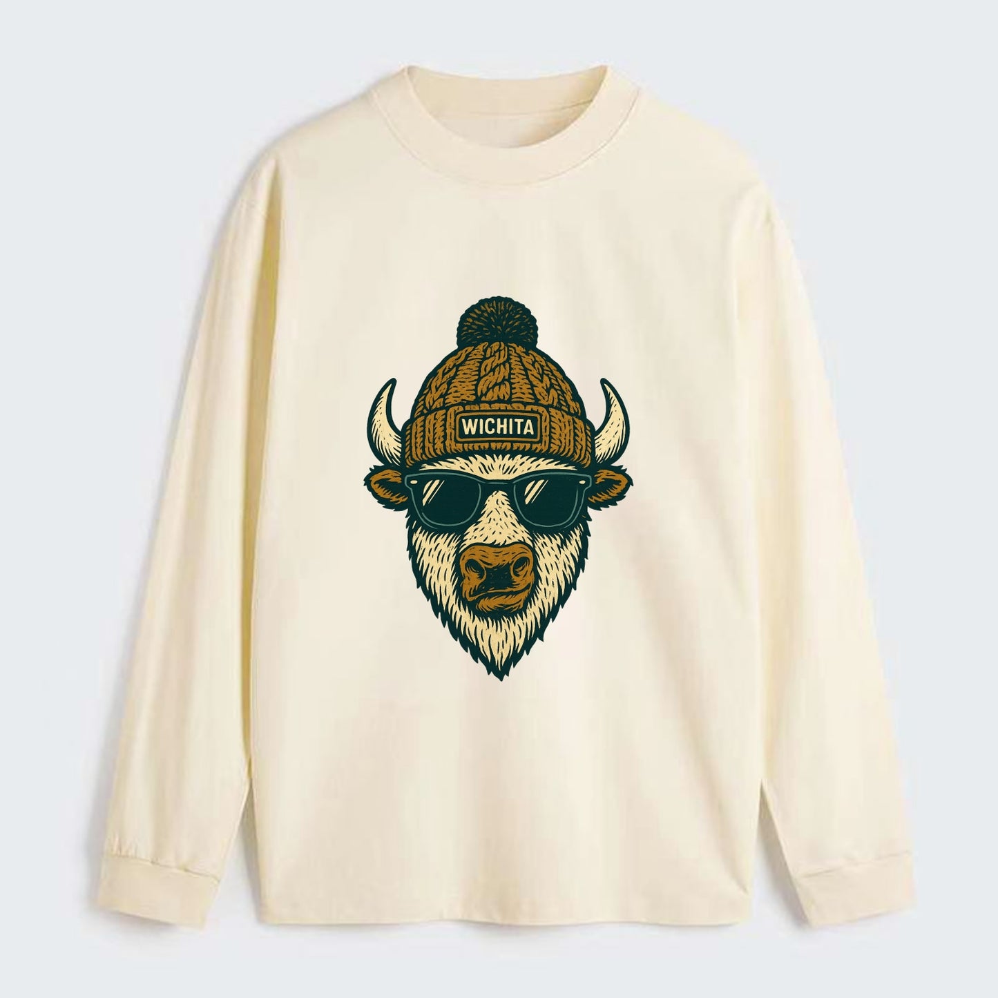 Kansas American Bison wearing Wichita beanie with pom pom and wayfarer - Classic Long Sleeve Shirt - Beige