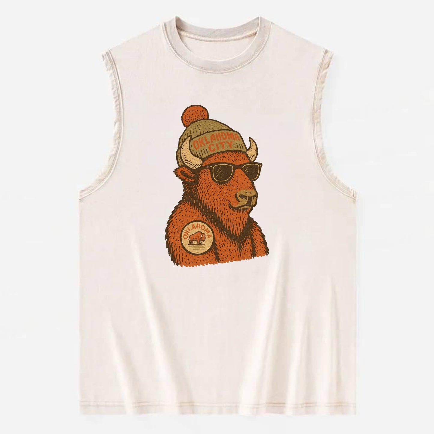 Oklahoma Buffalo wearing Oklahoma City beanie with pom pom and wayfarer - Vintage Washed Tank - Beige