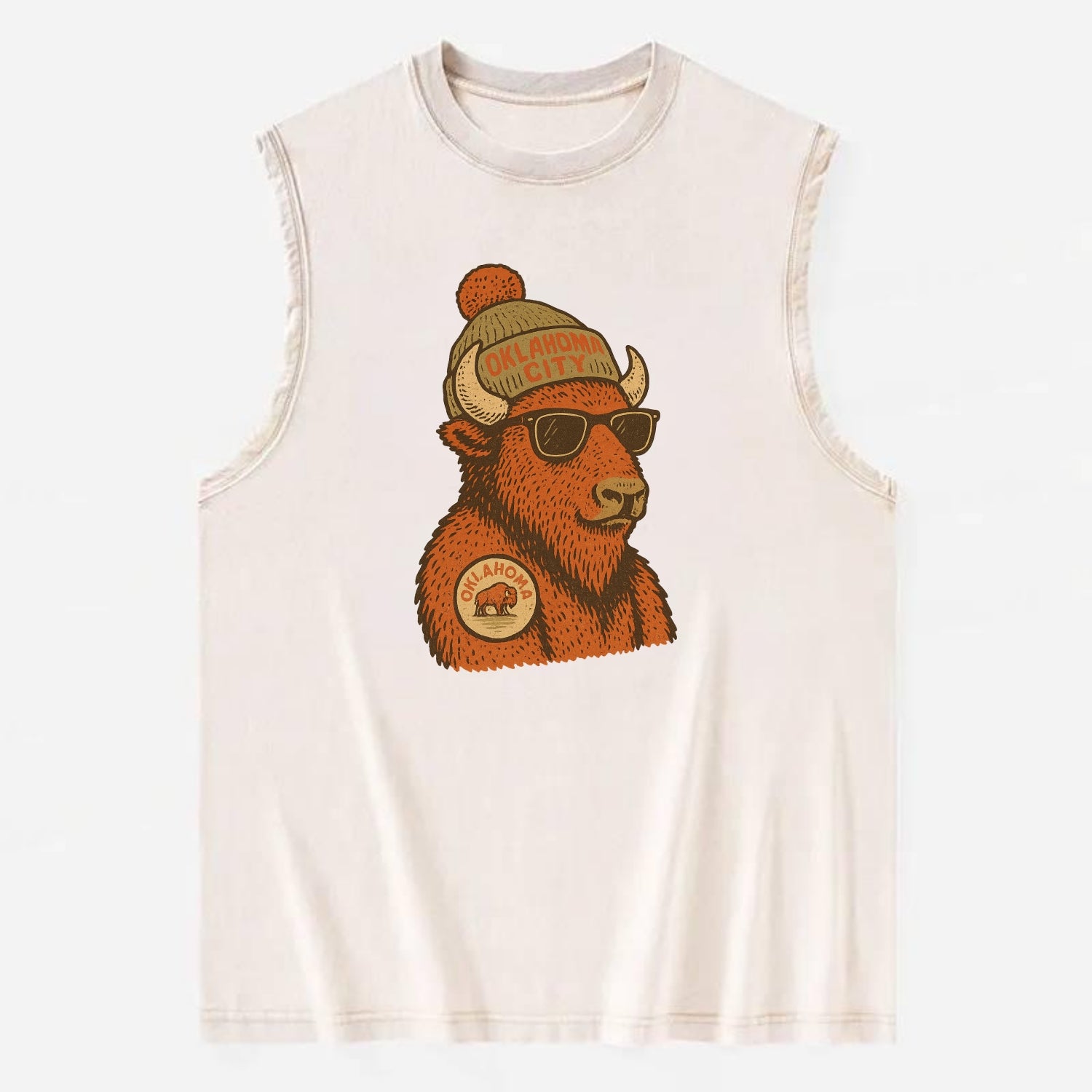 Oklahoma Buffalo wearing Oklahoma City beanie with pom pom and wayfarer - Vintage Washed Tank - Beige