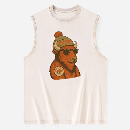 Oklahoma Buffalo wearing Oklahoma City beanie with pom pom and wayfarer - Vintage Washed Tank - Beige