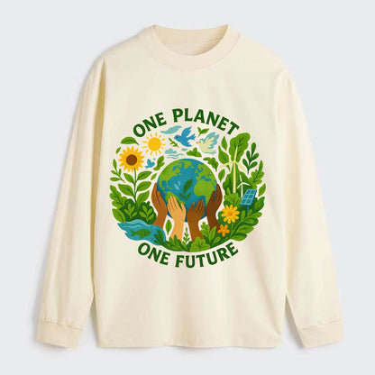 Globe surrounded by hands of all colors working together - "One Planet, - Classic Long Sleeve Shirt - Beige