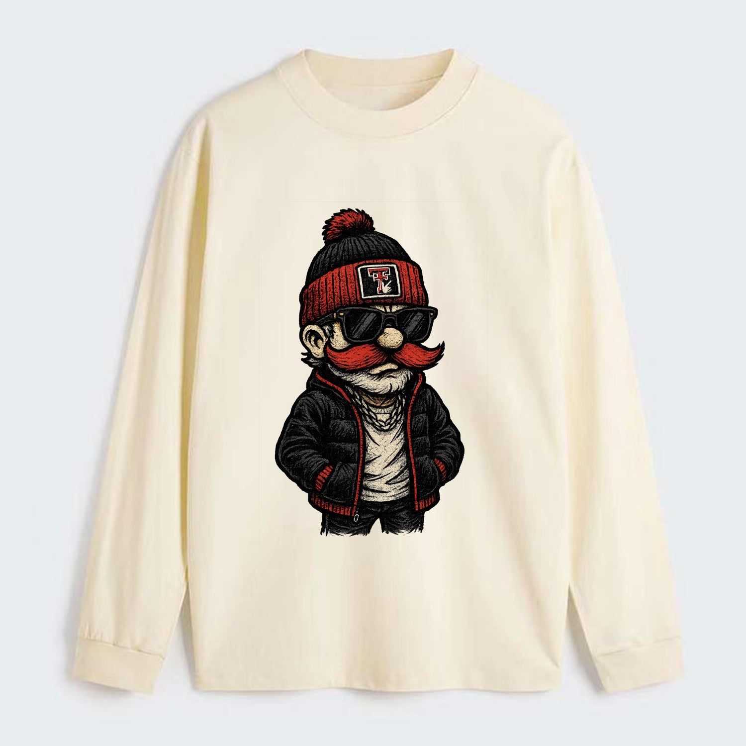 Lubbock Raider wearing Texas Tech beanie with guns up patch - Classic Long Sleeve Shirt - Beige