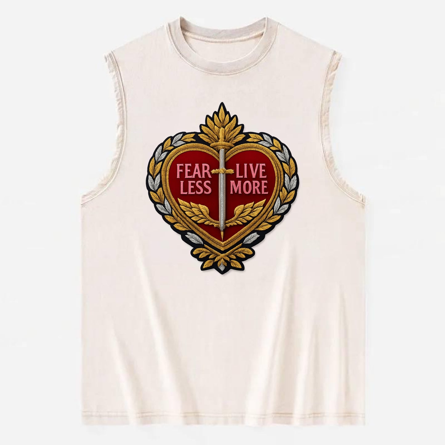 FEAR LESS LIVE MORE - heart with text in red , courage - Vintage Washed Tank - Beige