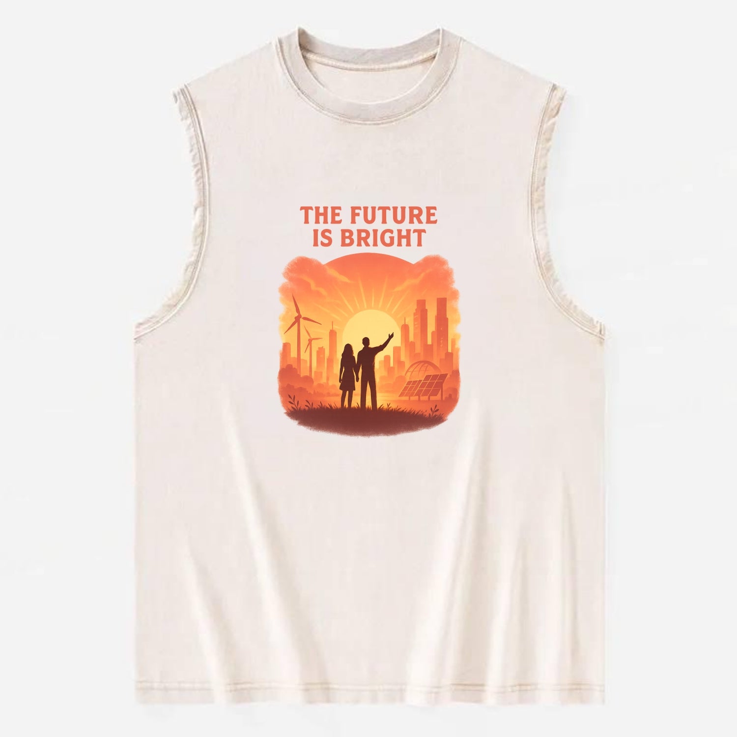 Sunrise over thriving sustainable city - "The Future is Bright" - optimistic - Vintage Washed Tank - Beige