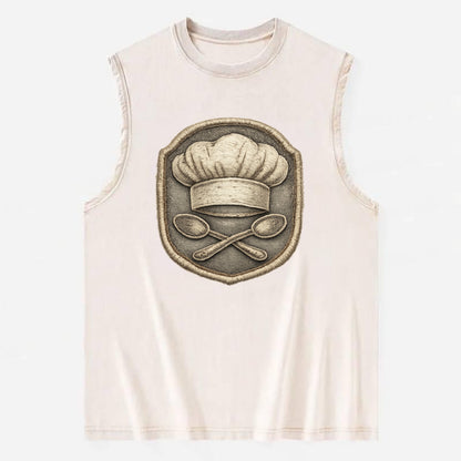 COOKING CHEF HAT - toque blanche with crossed spoons in white and silver , - Vintage Washed Tank - Beige