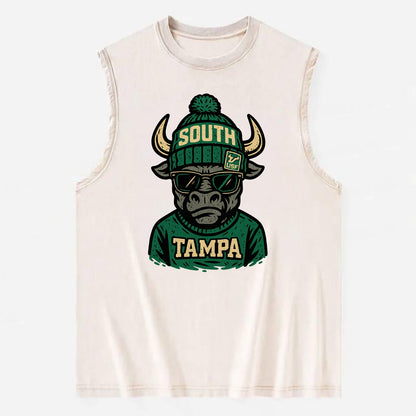 Tampa Bull wearing South Florida beanie with USF patch - Vintage Washed Tank - Beige