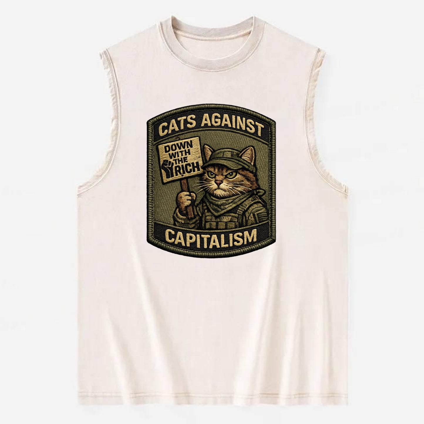 CATS AGAINST CAPITALISM - cat with protest sign in red , political cat - Vintage Washed Tank - Beige