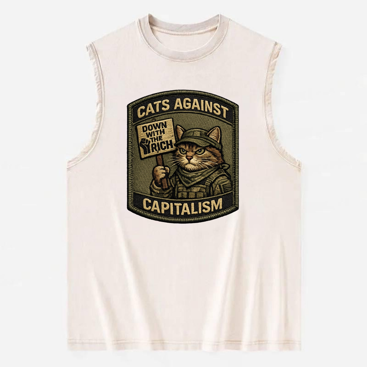 CATS AGAINST CAPITALISM - cat with protest sign in red , political cat - Vintage Washed Tank - Beige