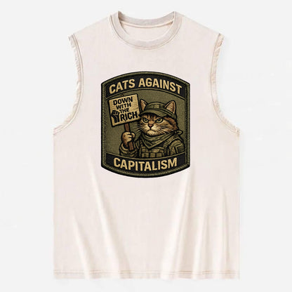 CATS AGAINST CAPITALISM - cat with protest sign in red , political cat - Vintage Washed Tank - Beige